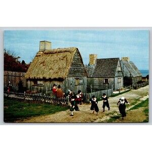 Postcard MA Plymouth Plantation Pilgrim Village Children in Costume c1950s VTG